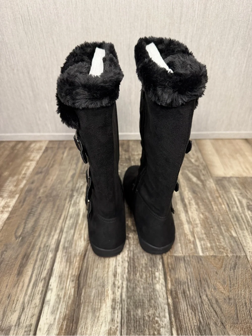 Hot Cakes Kids Black Faux Fur Buckle Zip Rain & Snow Boots Size 3.5